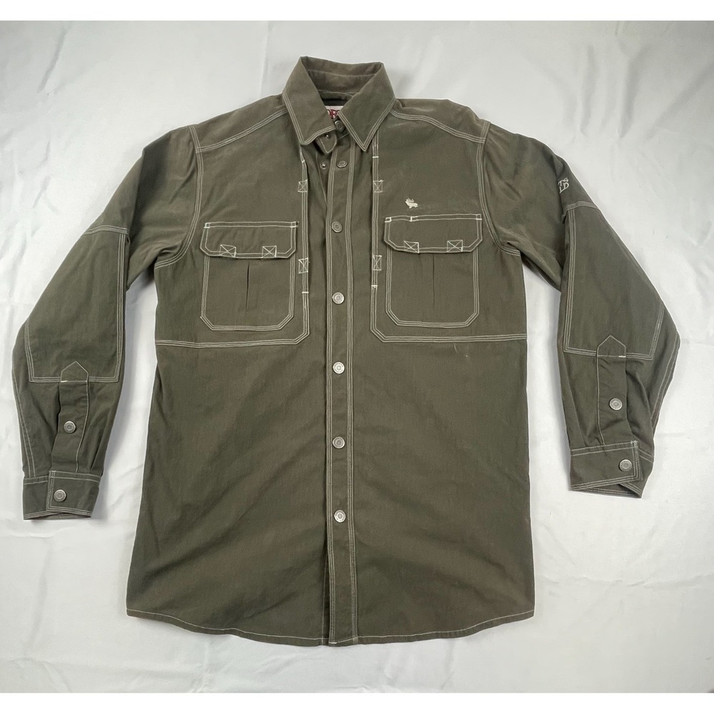 Sports Afield Mens Olive Green Contrast Stitch Utility Field Shirt Long Sleeve M